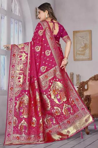  Rani Pink Banarasi Satin silk blend Saree with Heavy Zari & Thread Work | Wedding & Festive Wear
