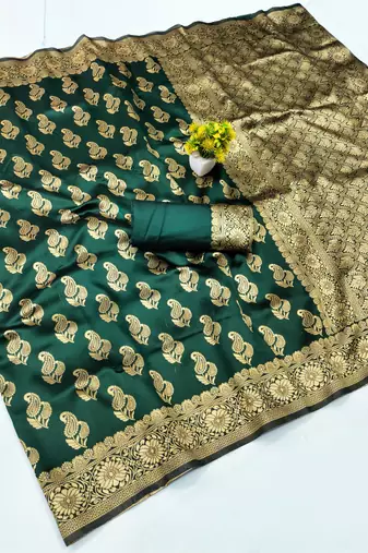 Green silk blend banarasi saree with unstitched blouse piece