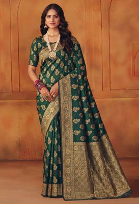 Green silk blend banarasi saree with unstitched blouse piece 1
