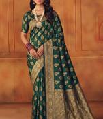 Green silk blend banarasi saree with unstitched blouse piece