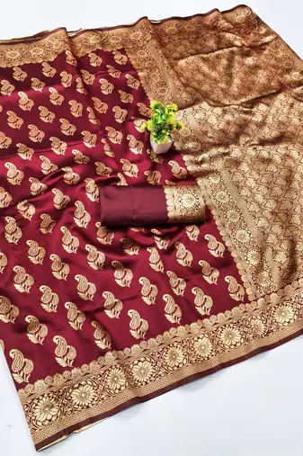Maroon silk blend banarasi saree with unstitched blouse piece