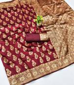 Maroon silk blend banarasi saree with unstitched blouse piece