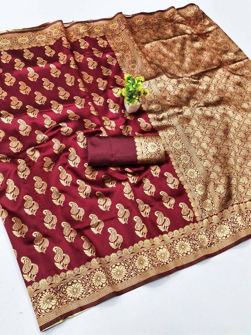 Maroon silk blend banarasi saree with unstitched blouse piece