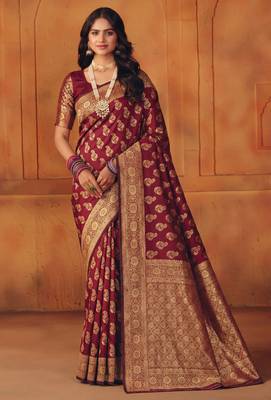 Maroon silk blend banarasi saree with unstitched blouse piece 2