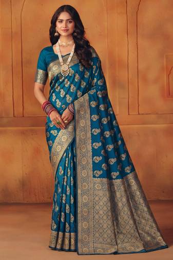 Morpich soft silk blend banarasi jacuard work designer party wear saree with unstitched blouse piece