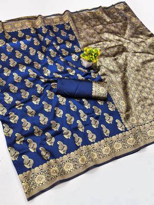 Navy blue silk blend banarasi saree with unstitched blouse piece 1