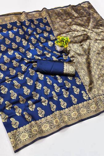 Navy blue soft silk blend banarasi jacuard work designer party wear saree with unstitched blouse piece