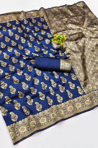 Navy blue silk blend banarasi saree with unstitched blouse piece