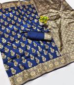 Navy blue silk blend banarasi saree with unstitched blouse piece