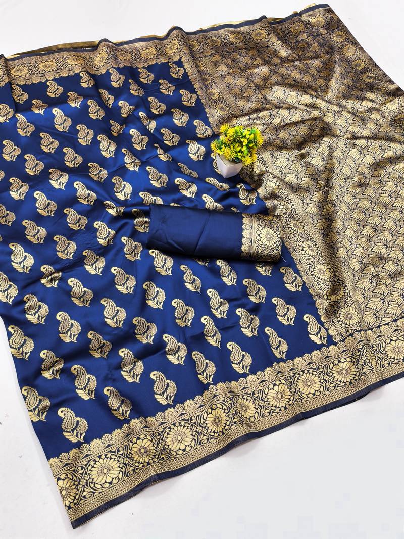 Navy blue soft silk blend banarasi jacuard work designer party wear saree with unstitched blouse piece
