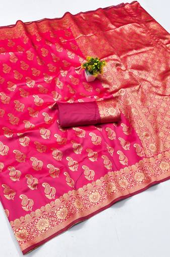 Pink silk blend banarasi saree with unstitched blouse piece
