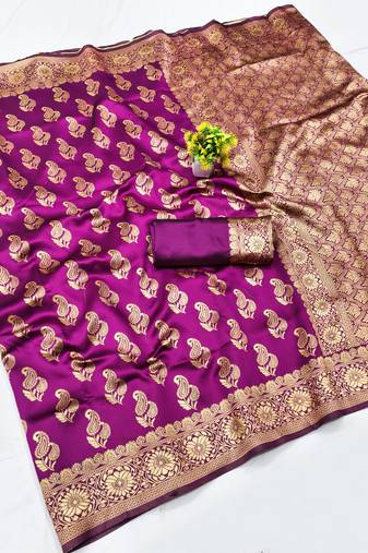 Purple silk blend banarasi saree with unstitched blouse piece
