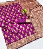 Purple silk blend banarasi saree with unstitched blouse piece