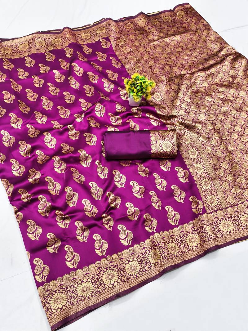 Purple silk blend banarasi saree with unstitched blouse piece