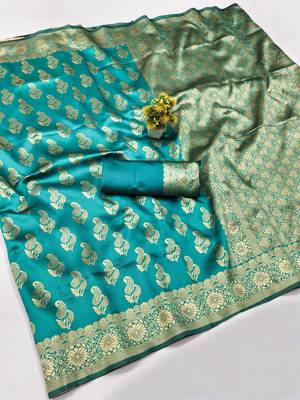 Rama silk blend banarasi saree with unstitched blouse piece 1