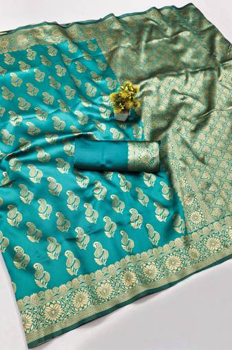 Rama silk blend banarasi saree with unstitched blouse piece