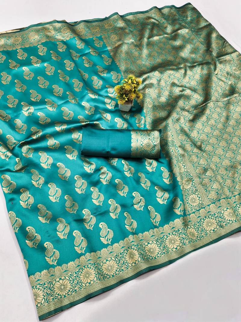 Rama silk blend banarasi saree with unstitched blouse piece