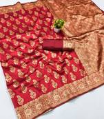 Red silk blend banarasi saree with unstitched blouse piece