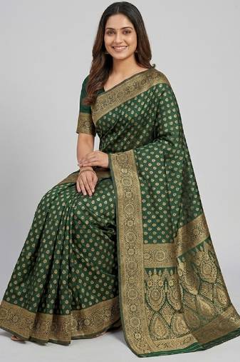 Green silk blend banarasi saree with unstitched blouse piece