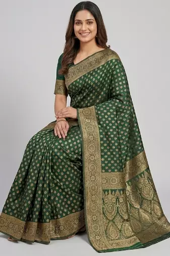 Green soft silk blend banarasi jacuard work designer party wear saree with unstitched blouse piece
