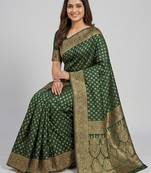 Green silk blend banarasi saree with unstitched blouse piece