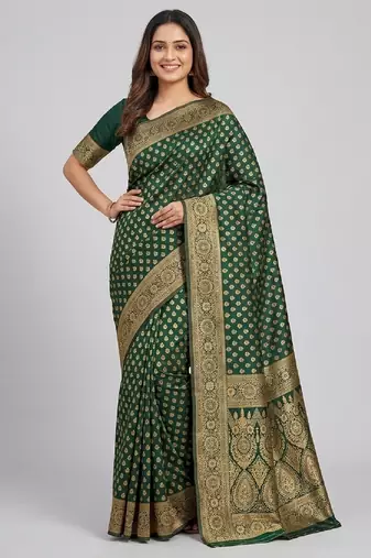 Green silk blend banarasi saree with unstitched blouse piece