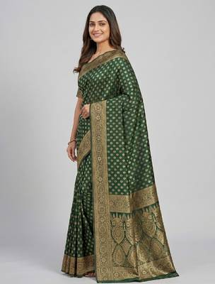 Green silk blend banarasi saree with unstitched blouse piece 3