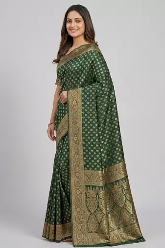 Green silk blend banarasi saree with unstitched blouse piece