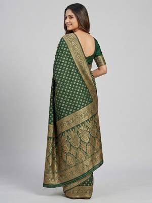 Green silk blend banarasi saree with unstitched blouse piece 4