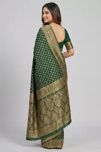 Green silk blend banarasi saree with unstitched blouse piece