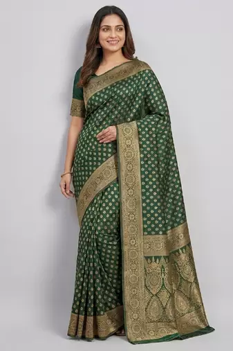 Green silk blend banarasi saree with unstitched blouse piece