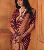 Mjaroon soft silk blend banarasi jacuard work designer party wear saree with unstitched blouse piece
