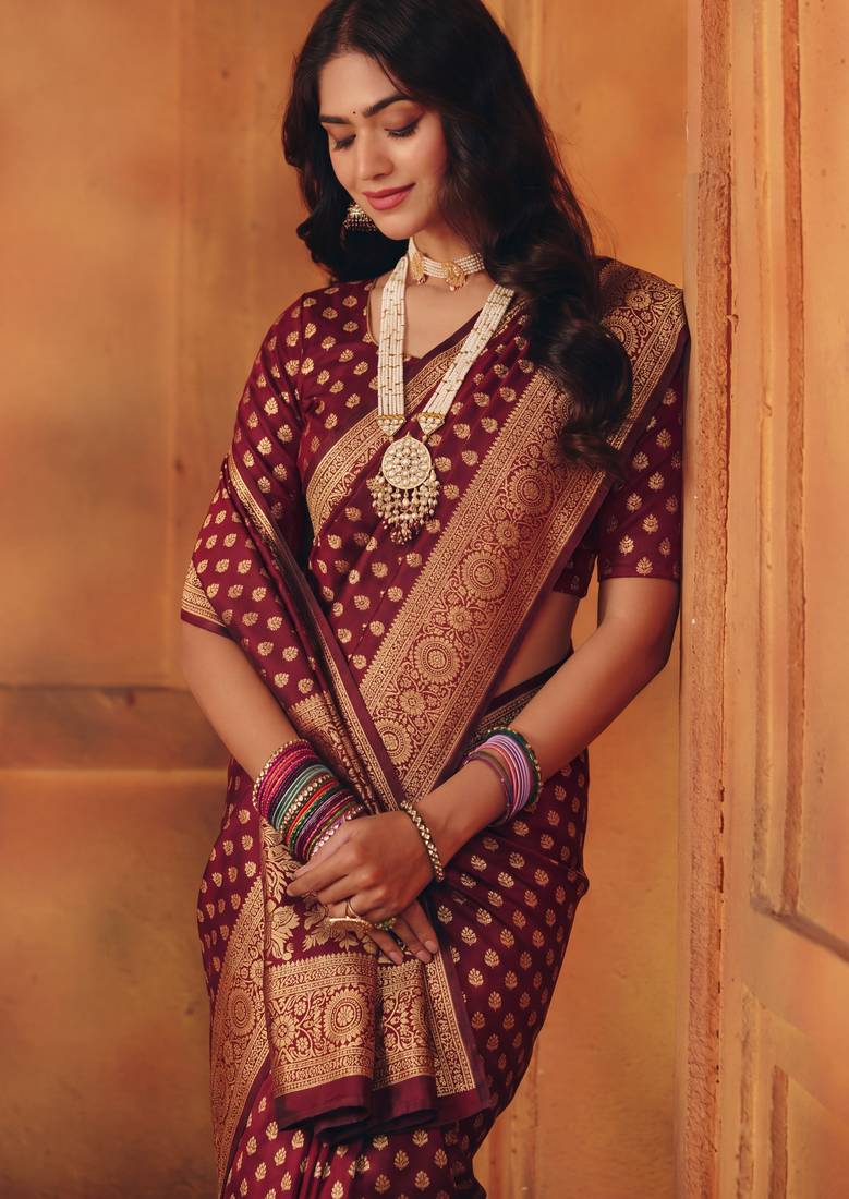 Mjaroon soft silk blend banarasi jacuard work designer party wear saree with unstitched blouse piece