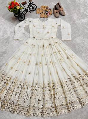 heavy vichitra silk embrodairy seqence  work white readymade ethnic gown 5