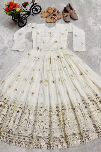 heavy vichitra silk embrodairy seqence  work white readymade ethnic gown