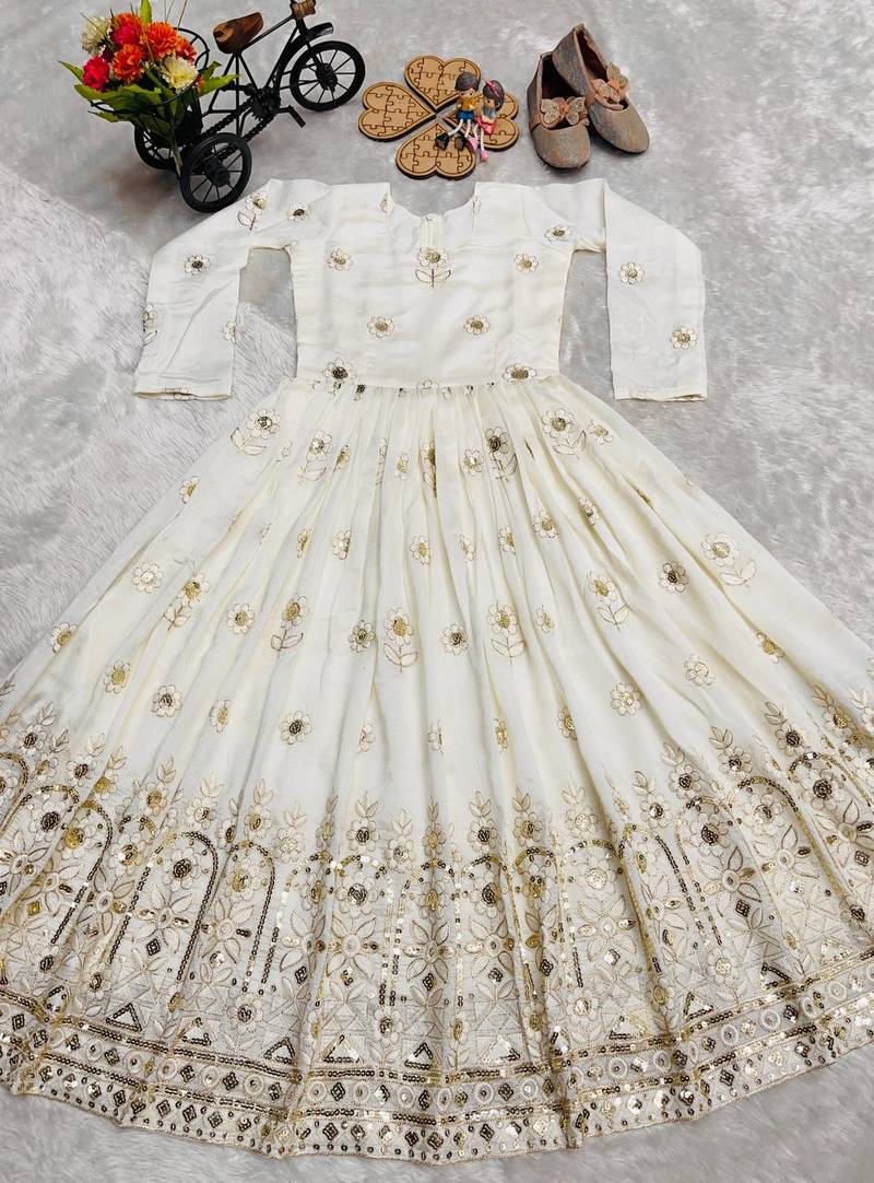 heavy vichitra silk embrodairy seqence  work white readymade ethnic gown
