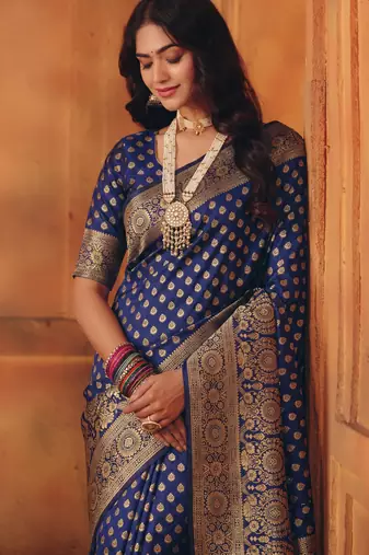 Navy blue silk blend banarasi saree with unstitched blouse piece