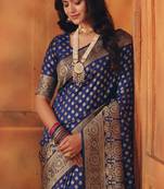 Navy blue silk blend banarasi saree with unstitched blouse piece