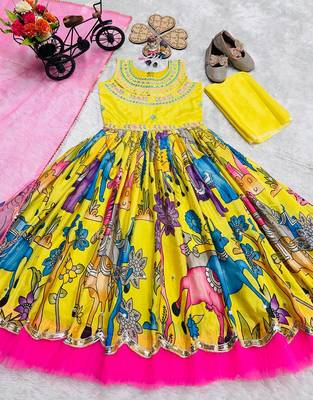 Chinon silk embroidery and printed work yellow readymade gown 5