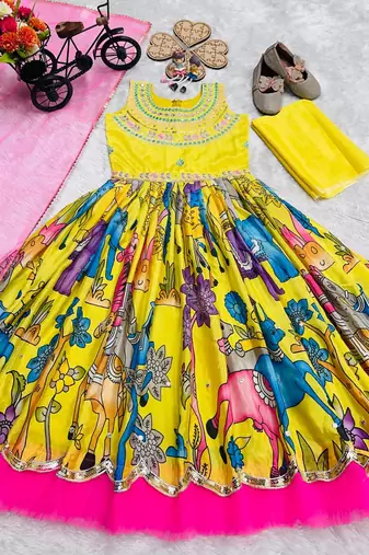 Chinon silk embroidery and printed work yellow readymade gown