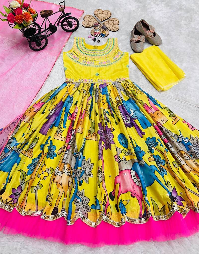Chinon silk embroidery and printed work yellow readymade gown