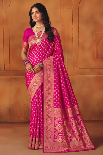 Pink silk blend banarasi saree with unstitched blouse piece