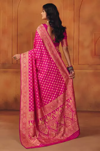 Pink silk blend banarasi saree with unstitched blouse piece