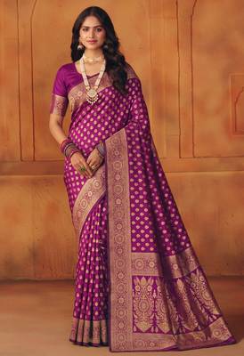 Purple silk blend banarasi saree with unstitched blouse piece 1