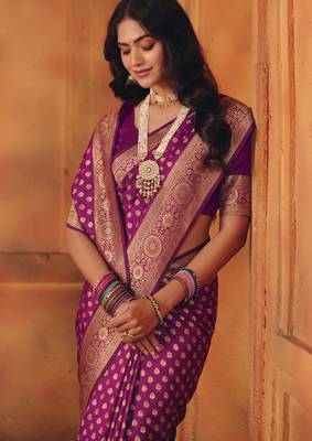 Purple silk blend banarasi saree with unstitched blouse piece 2