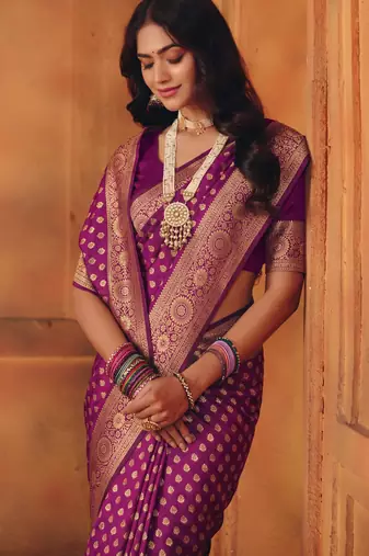 Purple silk blend banarasi saree with unstitched blouse piece