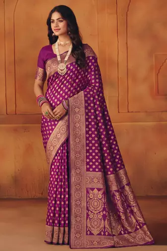 Purple silk blend banarasi saree with unstitched blouse piece