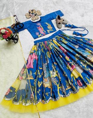 Alluring Chinon Silk Embroidery Digital Printed Rama Lehenga Choli 6