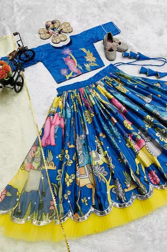 Alluring Chinon Silk Embroidery Digital Printed Rama Lehenga Choli