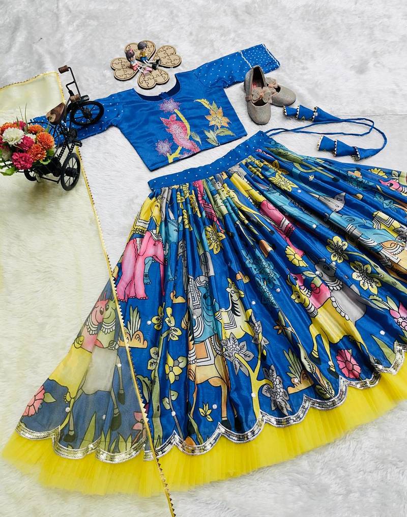 Alluring Chinon Silk Embroidery Digital Printed Rama Lehenga Choli